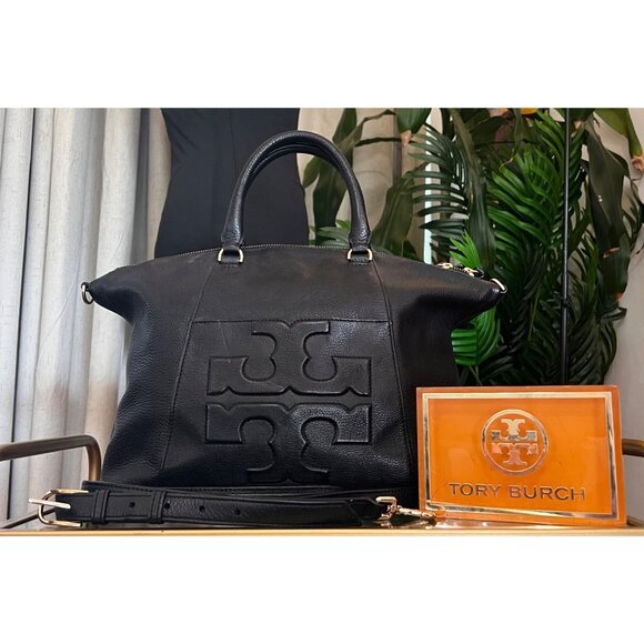 Authentic Tory Burch Black Leather Bombe Shoulder Bag/Tote/Satchel - Picture 1 of 11